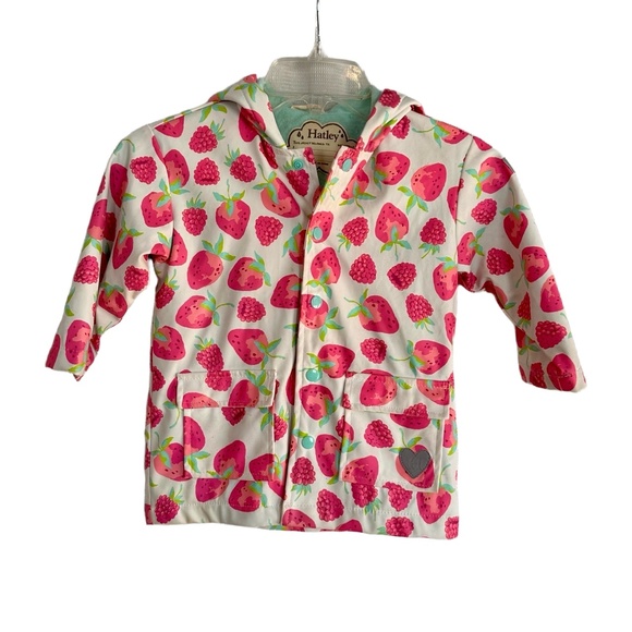 Hatley Other - Hatley Strawberry Print‎ Hooded Girls Size 3 Raincoat Jacket